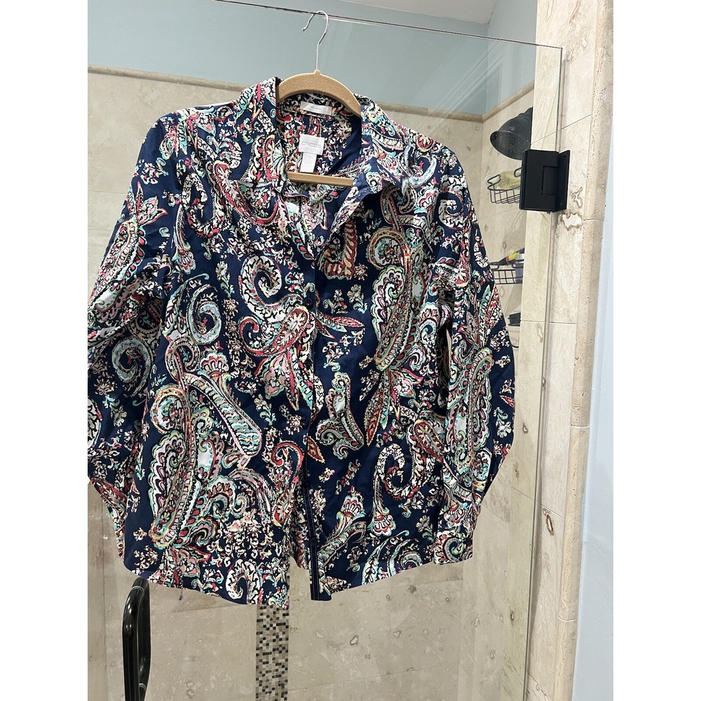 Chicos No Iron Button Up Shirt Womens 2 Large Blue Green Paisley Long Sleeve